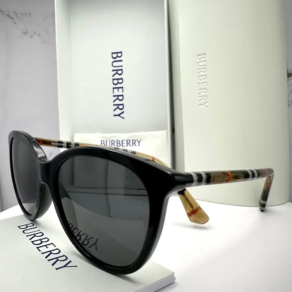 New Burberry Sunglasses Black Front Round Pantos Frame Checkered Arms Gray Lens - Picture 10 of 16
